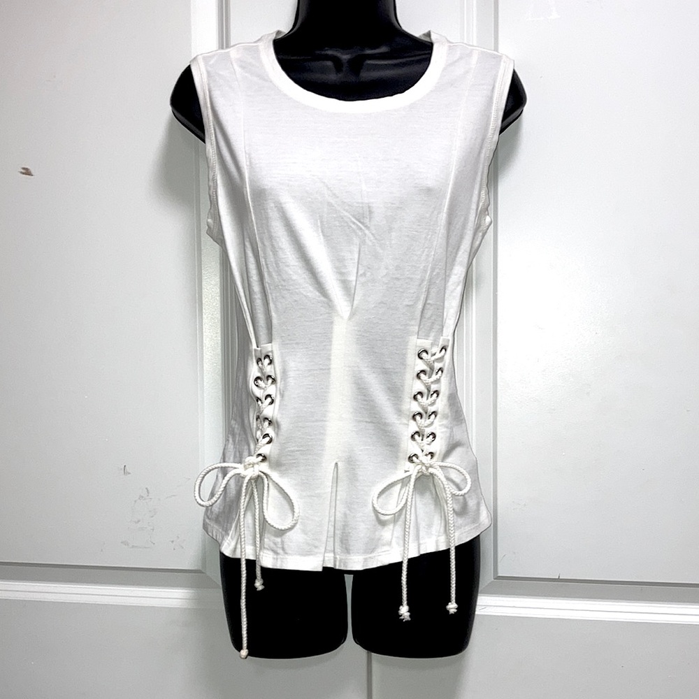 WILLIAM RAST 100% Cotton Sexy Lace Up Waist Empire Waist White Knit Tank Top S